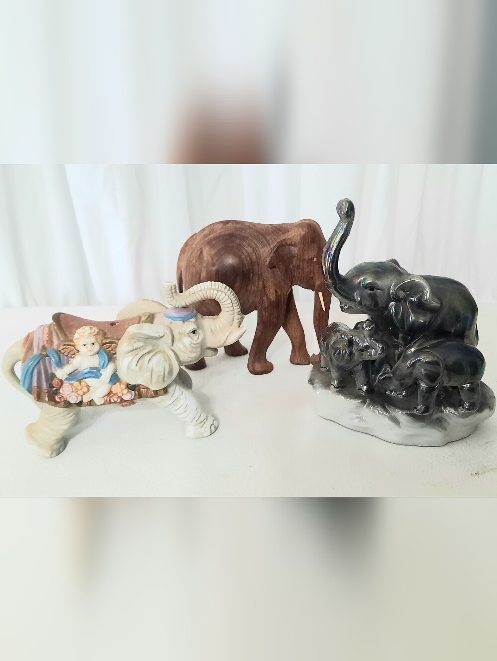 Decorative Ceramic and Wood Elephant Figurines Set - Lot Of 3